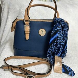 🔥low start🔥Giani Bernini Navy and Tan Leather Satchel w/twilly/scarf.